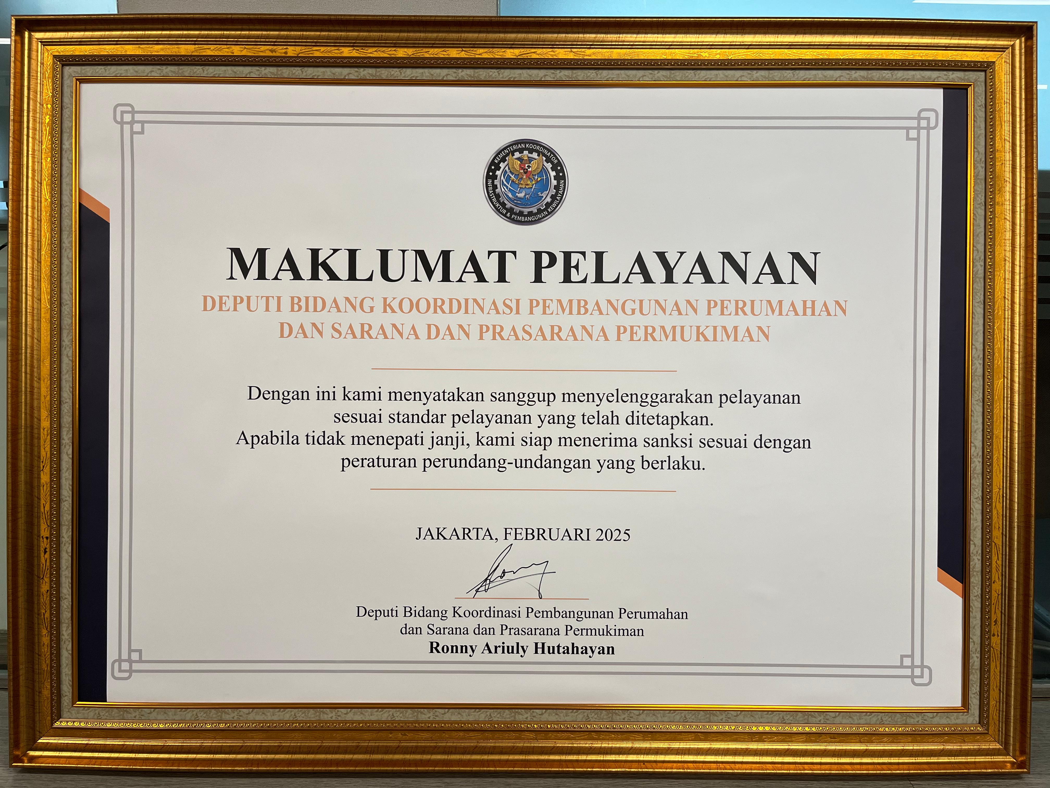 Maklumat Pelayanan Deputi Bidang Koordinasi Pembangunan Perumahan dan Sarana dan Prasarana Permukiman