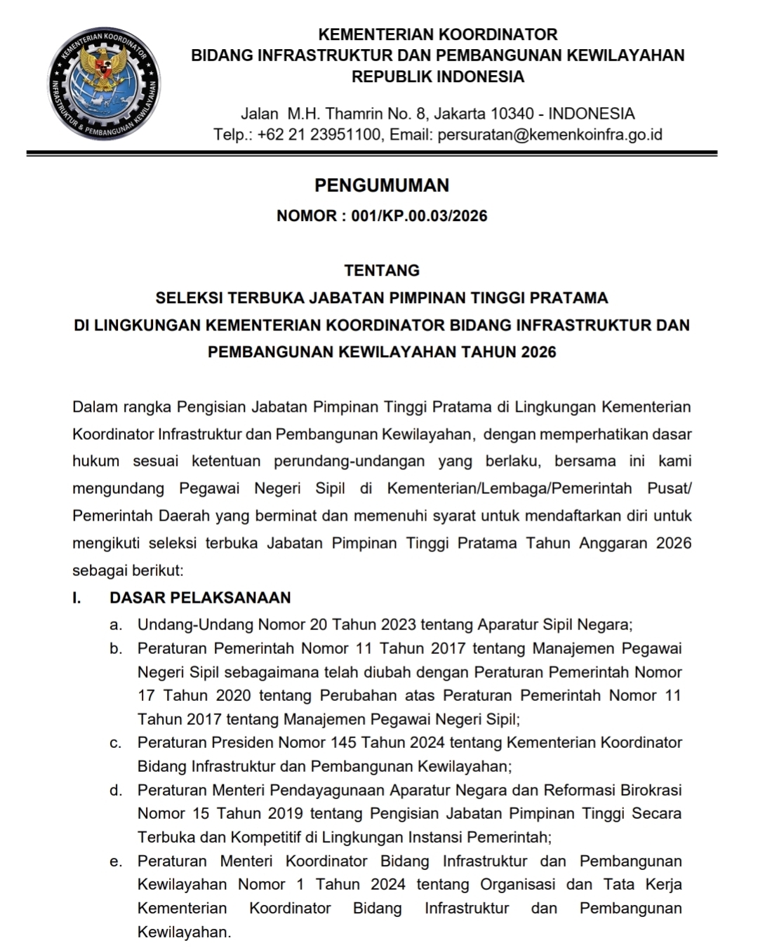 SELEKSI TERBUKA JABATAN PIMPINAN TINGGI PRATAMA DI LINGKUNGAN KEMENTERIAN KOORDINATOR BIDANG INFRASTRUKTUR DAN PEMBANGUNAN KEWILAYAHAN TAHUN 2026