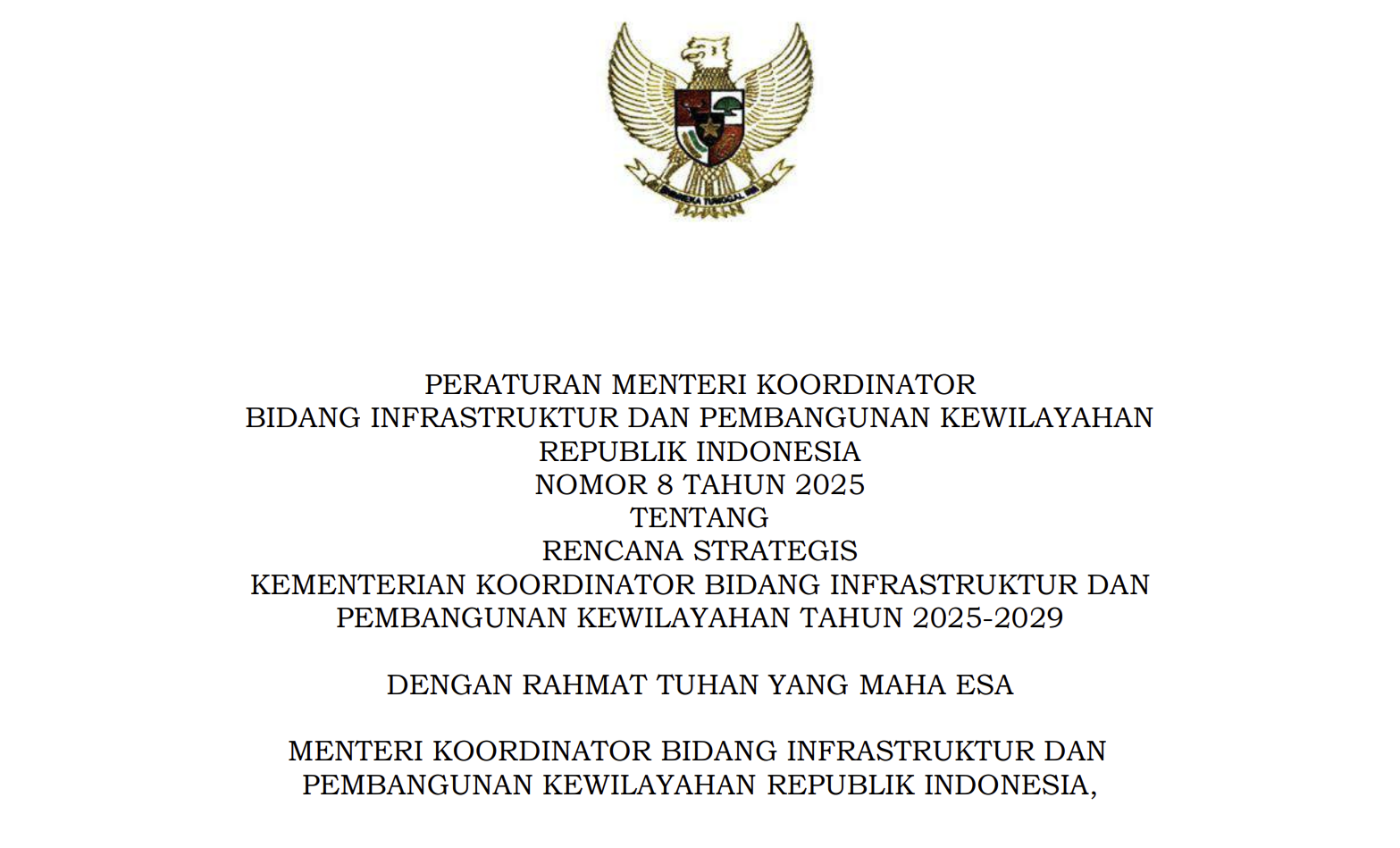 Rencana Strategis Kementerian Koordinator Bidang Infrastruktur Dan Pembangunan Kewilayahan Tahun 2025-2029