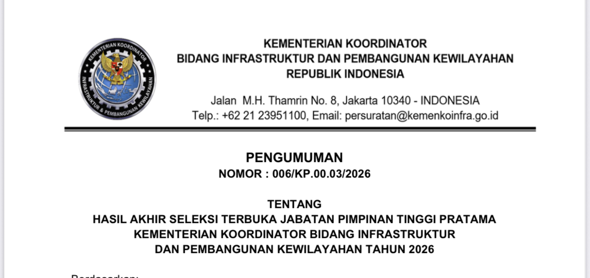 HASIL AKHIR SELEKSI TERBUKA JABATAN PIMPINAN TINGGI PRATAMA KEMENTERIAN KOORDINATOR BIDANG INFRASTRUKTUR DAN PEMBANGUNAN KEWILAYAHAN TAHUN 2026