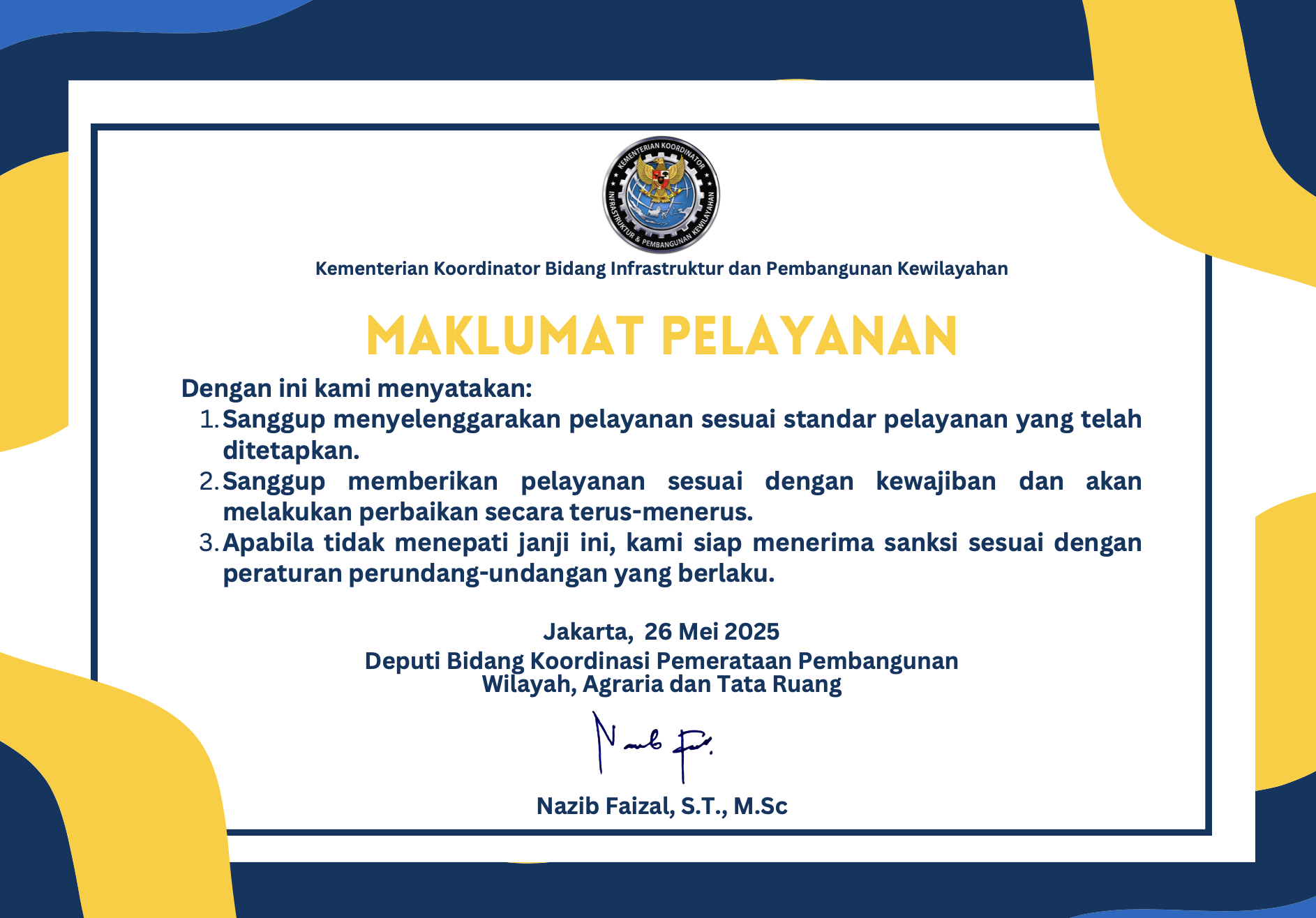 Maklumat Pelayanan Deputi Bidang Koordinasi Pemerataan Pembangunan Wilayah, Agraria dan Tata Ruang