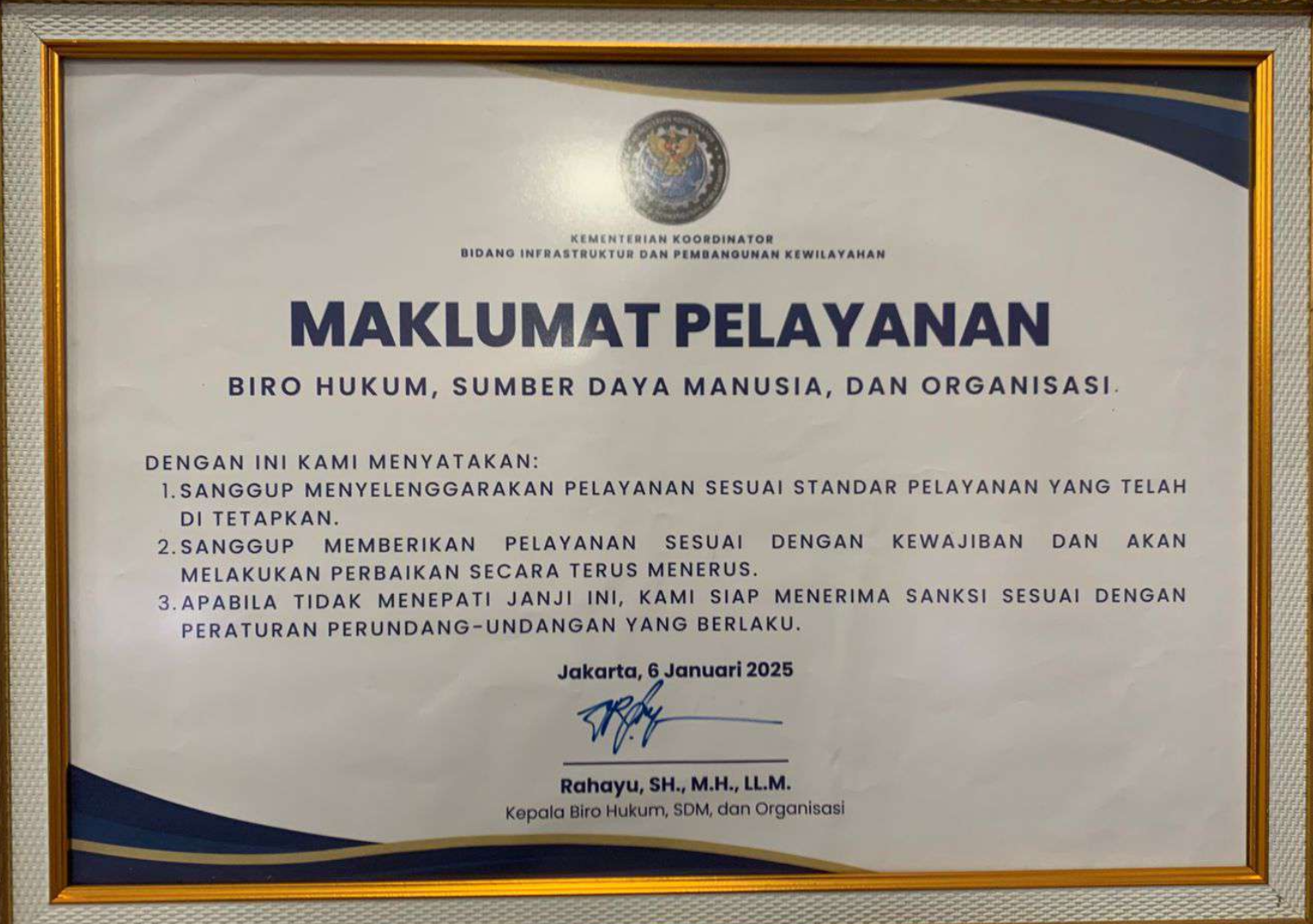 Maklumat Pelayanan Biro Hukum, Sumber Daya Manusia, dan Organisasi