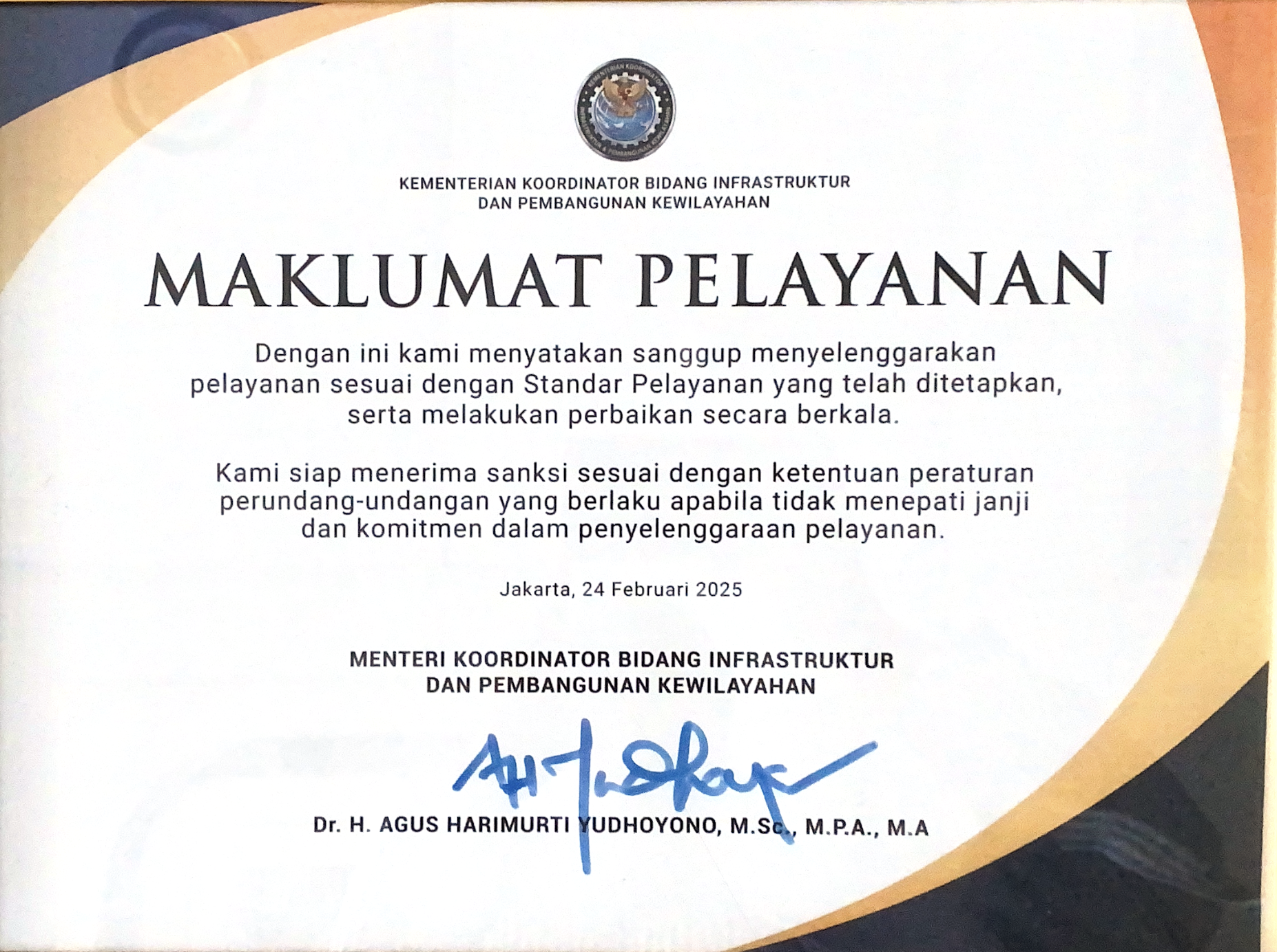 Maklumat Pelayanan Menteri Koordinator Bidang Infrastruktur dan Pembangunan Kewilayahan