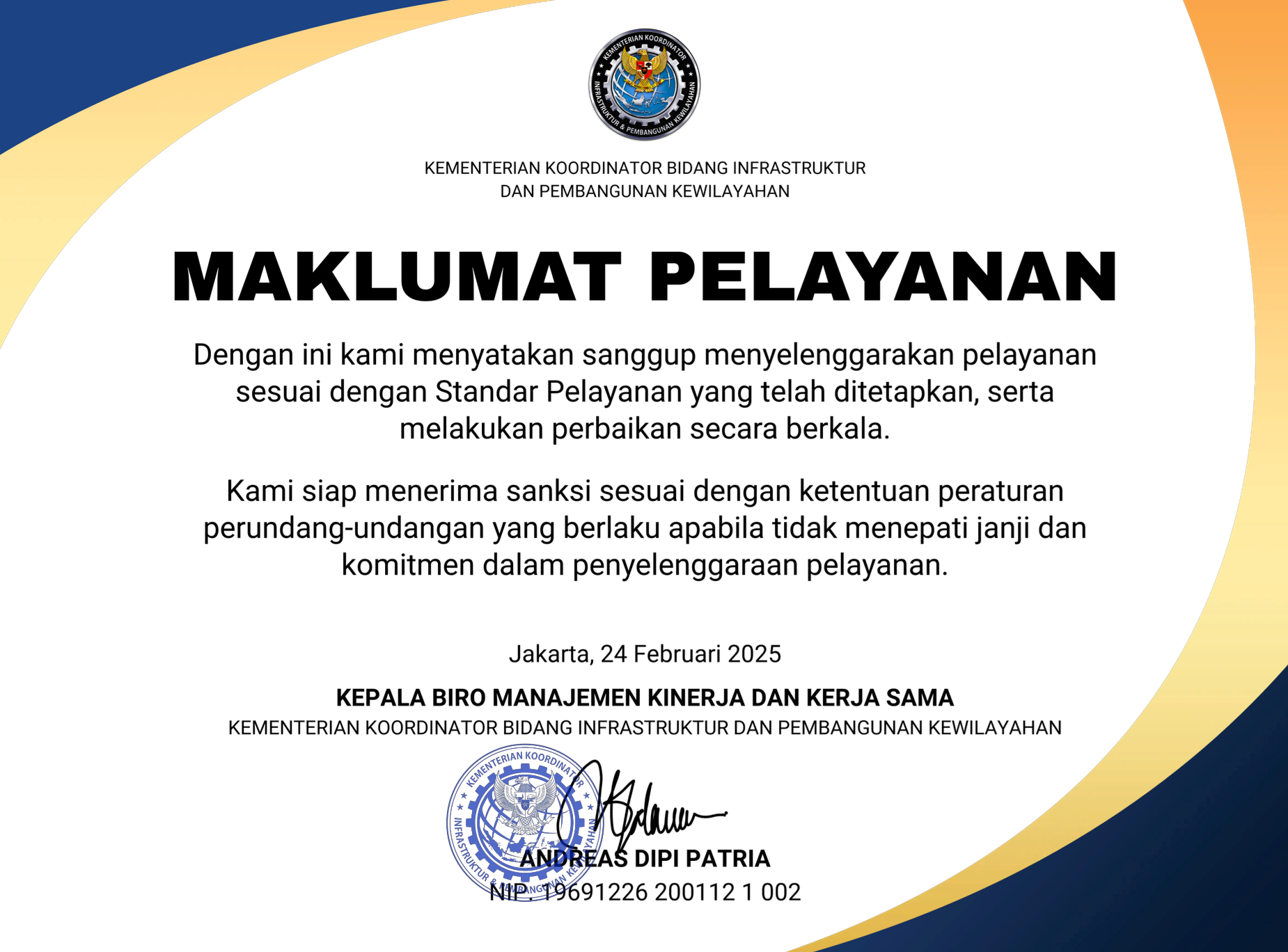 Maklumat Pelayanan Biro Manajemen Kinerja dan Kerja Sama