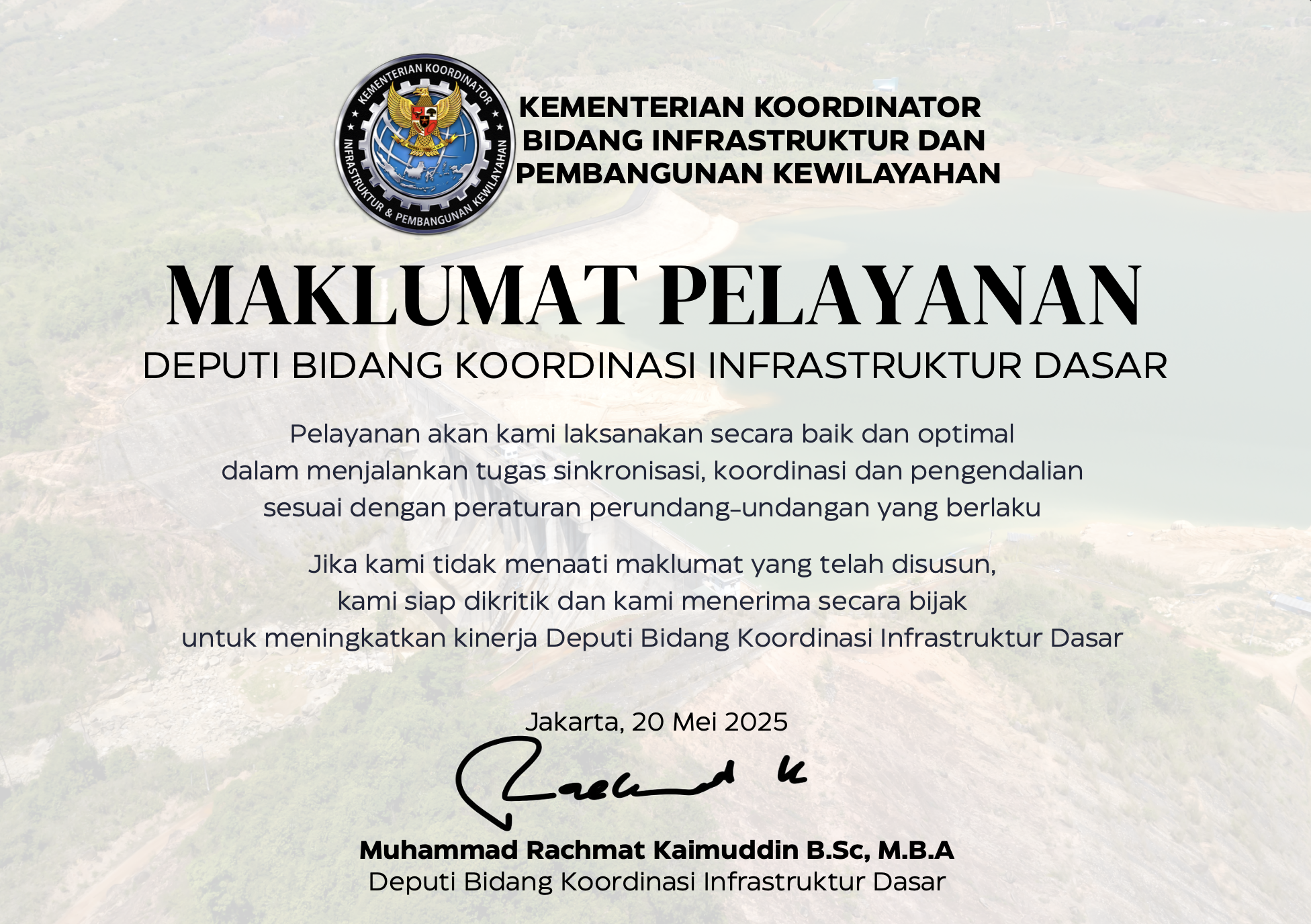 Maklumat Pelayanan Deputi Bidang Koordinasi Infrastruktur Dasar