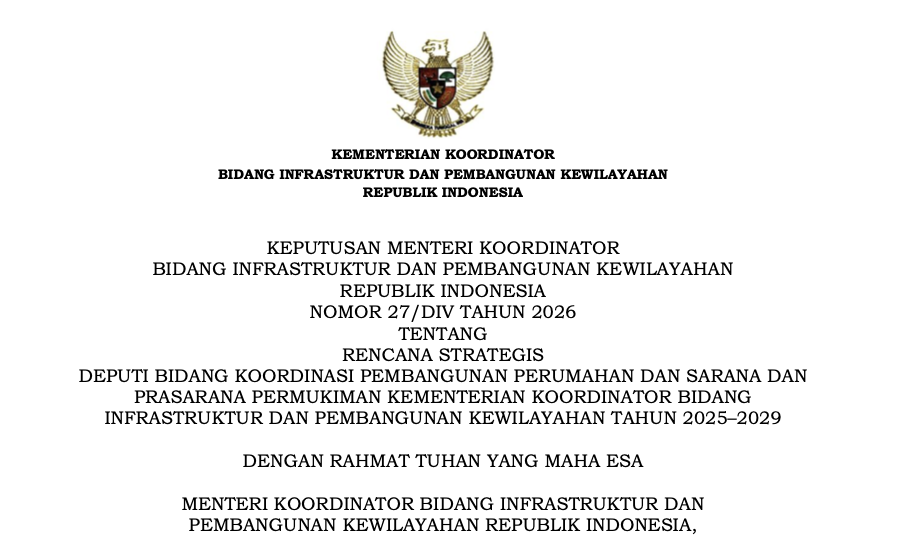 Kepmenko Rencana Strategis Deputi Bidang Koordinasi Pembangunan Perumahan dan Sarana dan Prasarana Permukiman