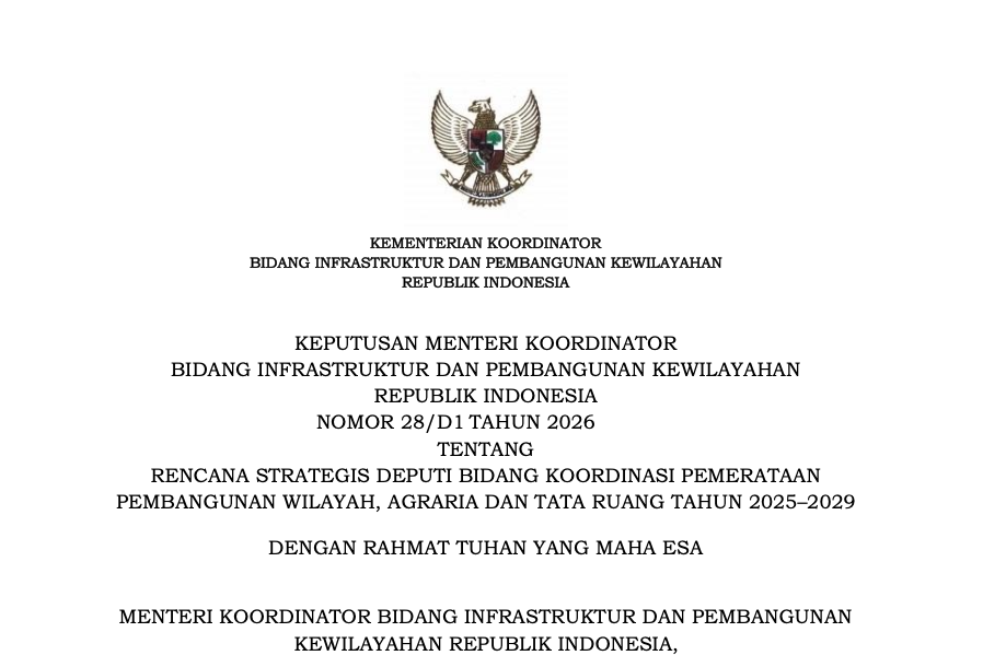 Rencana Strategis Deputi Bidang Koordinasi Pemerataan Pembangunan Wilayah, Agraria, dan Tata Ruang Tahun 2025-2029