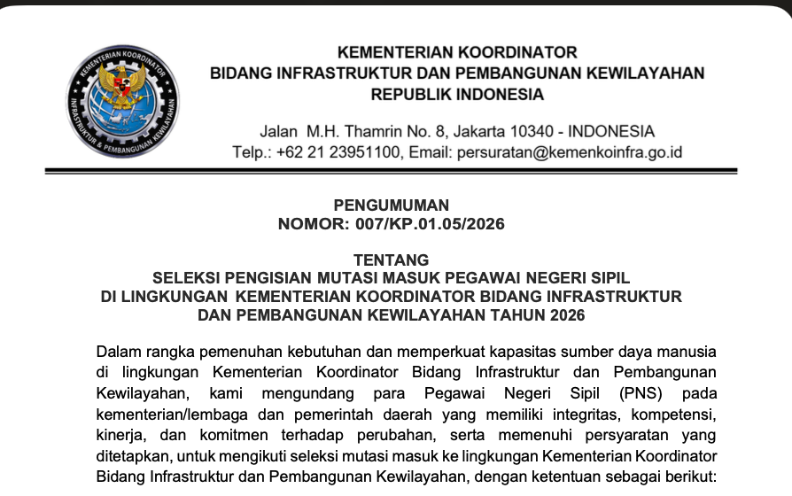 SELEKSI PENGISIAN MUTASI MASUK PEGAWAI NEGERI SIPIL DI LINGKUNGAN KEMENTERIAN KOORDINATOR BIDANG INFRASTRUKTUR DAN PEMBANGUNAN KEWILAYAHAN TAHUN 2026